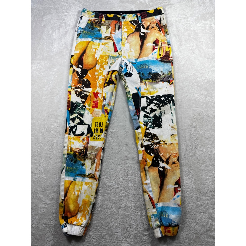 Akoo Mens Standard Fit Graphic Collage Multicolor Jogger Pants 34 Meas: 34x30.5